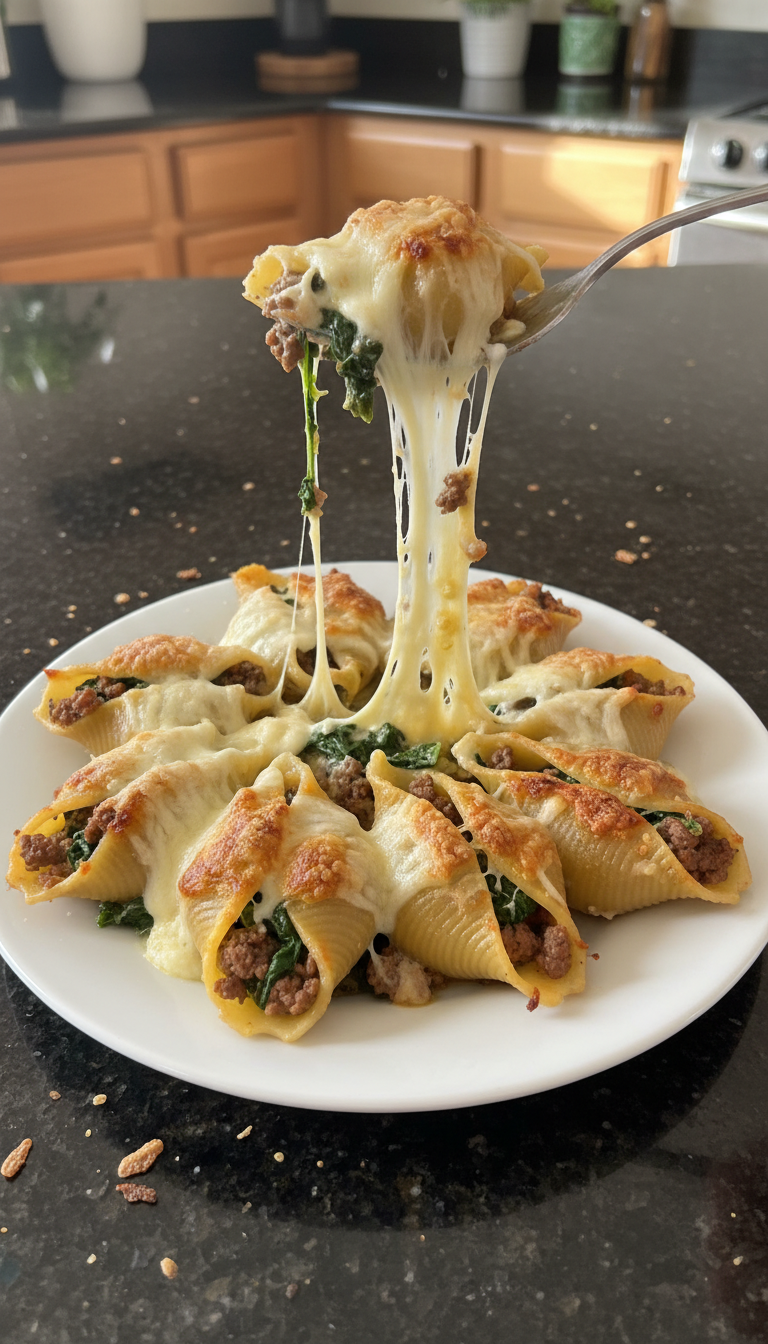Cheesy Beef and Spinach Stuffed Shells